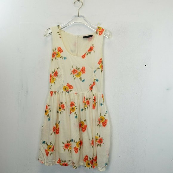 TOPSHOP‎ Ivory White Orange Mini Dress 6 SMALL Summer Floral Sleeveless Pleated - Picture 1 of 11